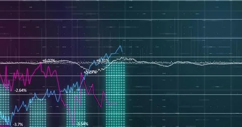 Displaying financial data on screen with colored line graphs and bar charts イラスト素材