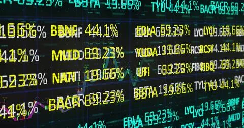 Displaying financial data on trading screen, with ticker symbols, percentage Stockillustratie