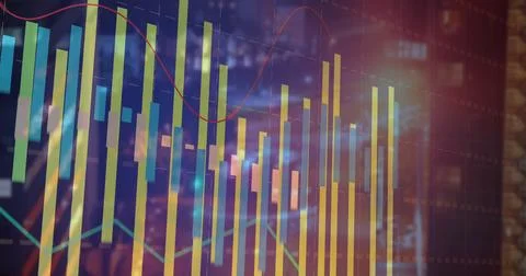 Displaying financial data on trading UI, showing colorful bars, candlesticks, Stock Photos