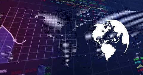 Displaying financial data in UI, with dotted map grid, white globe with 22 写真素材