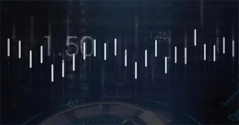Displaying financial data visualization in dashboard, with candlestick bars, Illustrazione stock