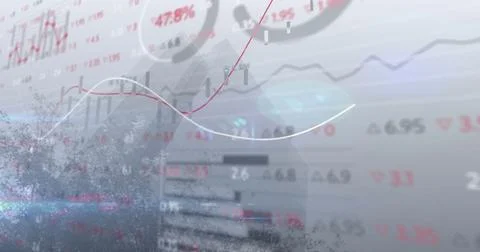 Displaying financial data visualization over city skyline, featuring line graphs Stock Photos