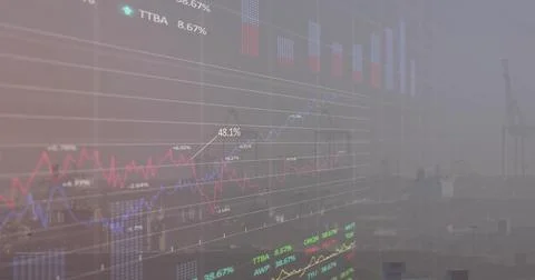 Displaying financial data visualization overlaying seaport, with container Stock Photos