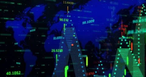 Displaying financial graph on global map, with dotted peaks, candlesticks, Stock Photos