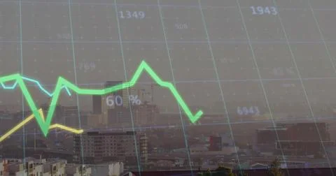 Displaying financial graph with grid overlay, numbers and green yellow lines Stock Photos