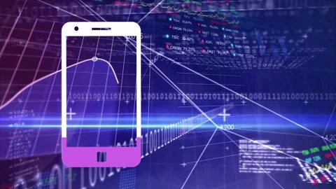 Displaying financial graphs, animation on smartphone with binary code background Stock Footage 327784665