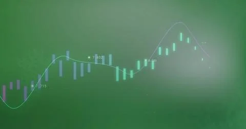 Displaying financial interface showing multicolor candlestick bars, line graph, Stock Photos