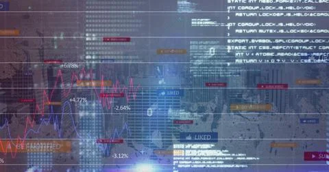 Displaying financial overlay merging code snippets and stock charts in city Stock Photos