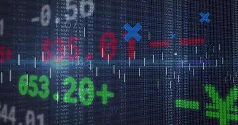Displaying financial overlay at trading interface, with green arrows, red 写真素材