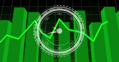 Displaying financial visual on dark dashboard, showing neon line, 3D green bars, Stock Illustration