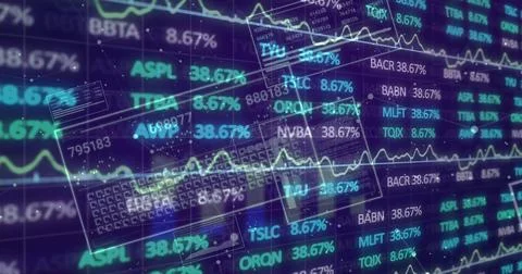 Displaying financial visualization on blue dashboard, showing floating stock Ilustración de archivo