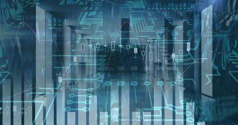 Displaying financial visuals over server racks in server room corridor, Stockfoto's