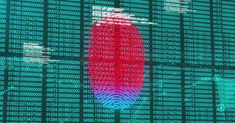 Displaying fingerprint graphic on security interface, with scrolling numeric 스톡 사진