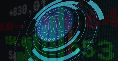 Displaying fingerprint icon circulating within concentric rings on dark grid, Stock Photos