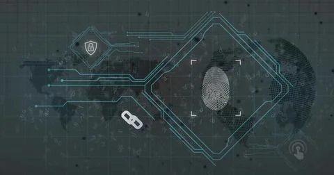 Displaying fingerprint icon glowing inside cyan hex frame on dark grid, with Stock Illustration