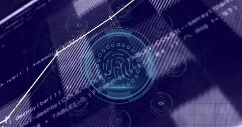 Displaying fingerprint icon scanning on interface, with HUD, grid, graph, code Stock Photos
