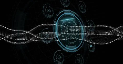Displaying fingerprint scanner on cybersecurity dashboard with waveform security イラスト素材