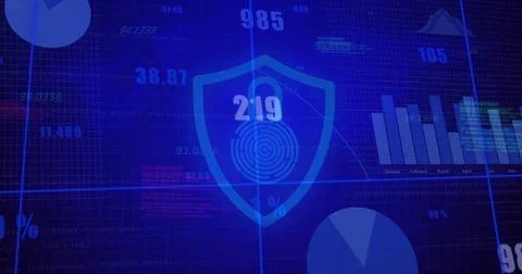 Displaying fingerprint shield icon on cybersecurity screen featuring bar chart Stock Photos