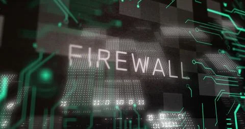 Displaying FIREWALL with floating dot matrix blocks and neon-green circuitry in Foto stock