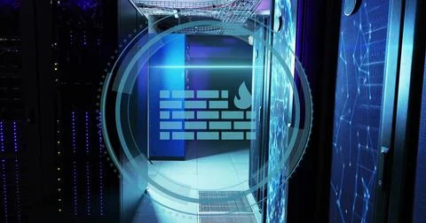 Displaying firewall icon graphic in data center aisle, with server racks and LED Stock Photos