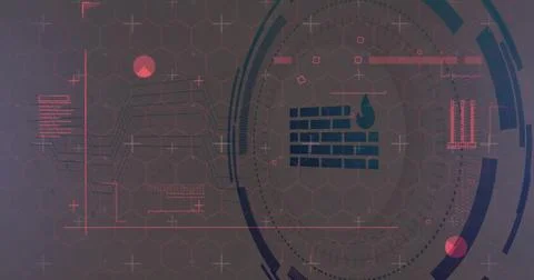 Displaying firewall icon overlaying hex grid at security console, with line Stock Photos