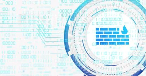 Displaying firewall icon within circular HUD in cybersecurity graphic, binary Foto stock