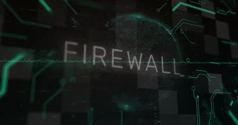 Displaying FIREWALL label over digital sphere on network map, with neon-green Stock-Illustration