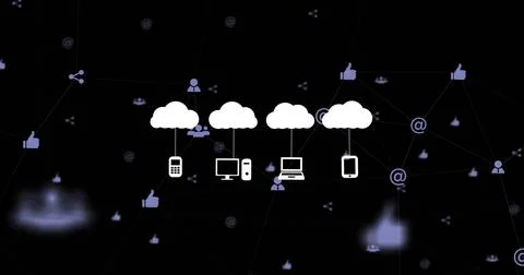 Displaying five cloud icons linking smartphone, desktops, laptop, tablet on Stockfoto's