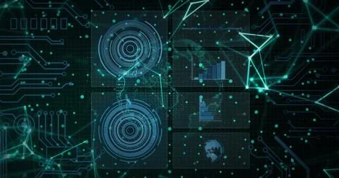 Displaying five data panels in virtual control panel, with glowing network nodes Stock Illustration