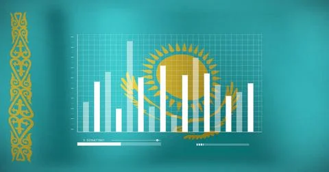 Displaying flag emblem with progress bar and bar chart on digital teal-blue Stock Photos