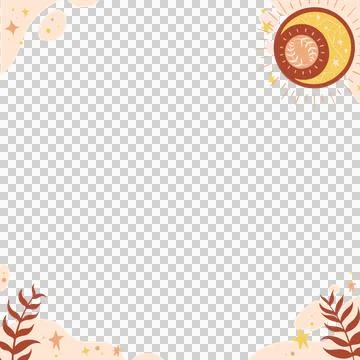Displaying flat border featuring stylized sun rings, sparkles, branches, Stock Illustration
