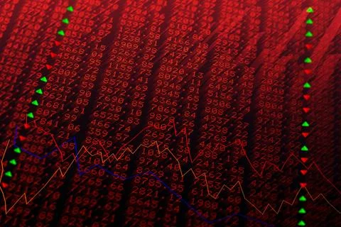 Displaying flat chart showing red numbers green up triangles red down arrows and Stock Photos