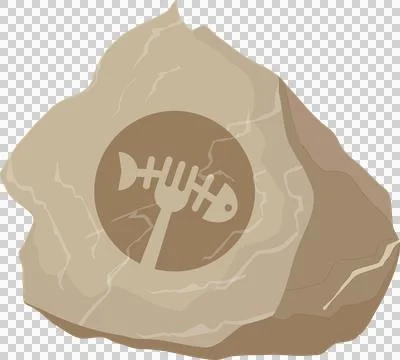 Displaying flat design beige rock with fish skeleton emblem pierced by fork, Illustrazione stock