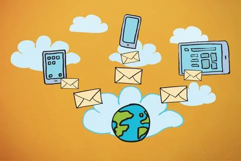 Displaying flat design cloud network on orange bg, featuring globe icon, Stock Illustration