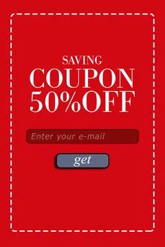 Displaying flat design coupon featuring dashed white border, 50% off text, email 写真素材