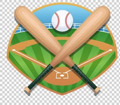 Displaying flat design crossed bats, baseball and fence over green diamond, Stock Illustration