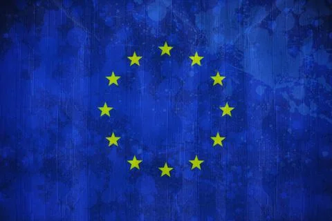 Displaying flat design EU flag with textured blue backdrop featuring circle of Illustrazione stock