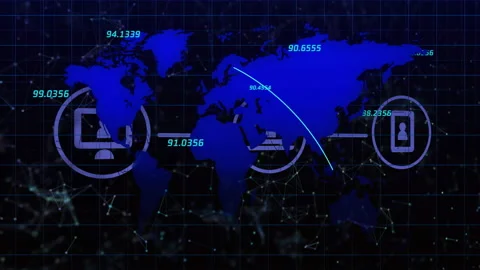 Displaying flat design global data network flowing across map with monitor Stock Footage 309111248