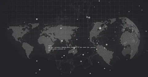 Displaying flat dotted world map and 3D dotted globe linking via nodal mesh on 스톡 일러스트