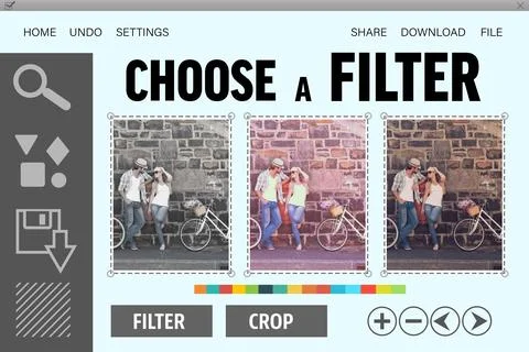 Displaying flat editor UI on pale blue showing sidebar icons, filter swatches Stock Illustration