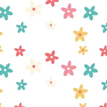 Displaying flat five-petal flower pattern in teal pink yellow cream showing 库存插图
