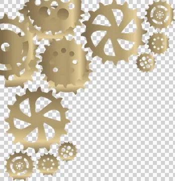 Displaying flat golden gears overlapping diagonally with metallic sheen on Stock Illustration