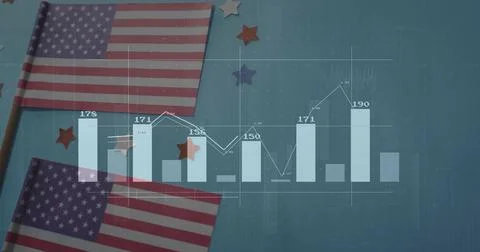 Displaying flat lay on grid surface, featuring American flags, star cutouts, bar 写真素材