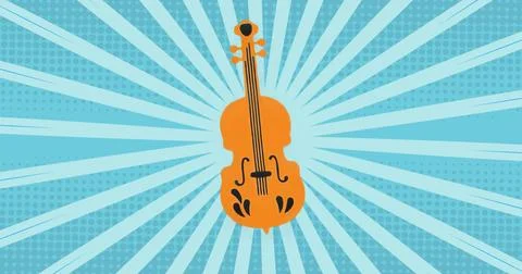 Displaying flat orange violin silhouette centered on blue background, radiating イラスト素材