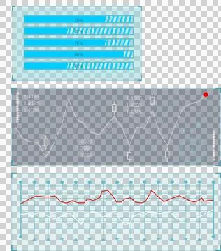 Displaying flat panels featuring progress bars, candlestick chart, line plots on Ilustración de archivo