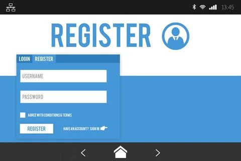 Displaying flat register form on mobile screen, showing user or pass fields, 스톡 일러스트