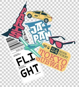 Displaying flat sticker collage with transparent background, featuring Eiffel Stock Illustration