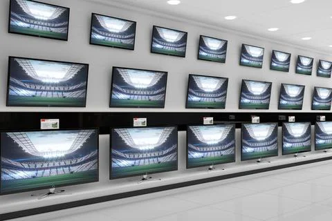 Displaying flat TVs on shelves above glossy floor, showing stadium interior Ilustração Stock