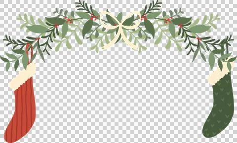 Displaying flat vector garland with berry foliage, cream bow, two stockings, Stock Illustration