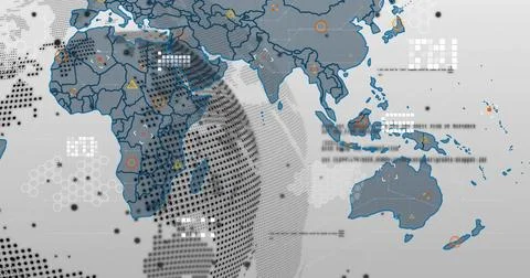 Displaying flat world map in data dashboard, with dotted globe grid, hex pattern Stock Illustration
